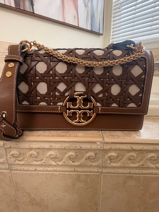 Tory Burch Handbags - Tory Burch Brown Woven Leather Shoulder Bag with Gold Logo Chain